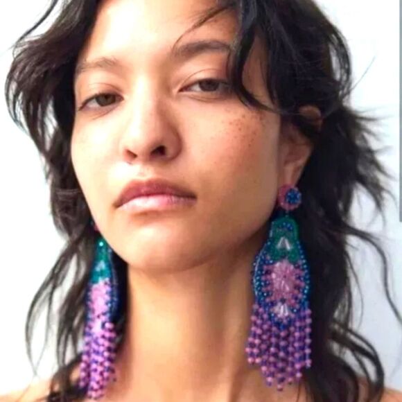 New ZARA Tropical Boho Pink Blue Green Beaded Fringe Earrings - Picture 1 of 11